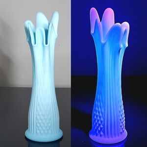 Fenton Blue Satin Custard Ribbed Diamond Milk Glass 13 1/2" Stretch Swung Vase